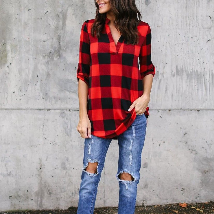 Long Sleeve Plaid Blouses