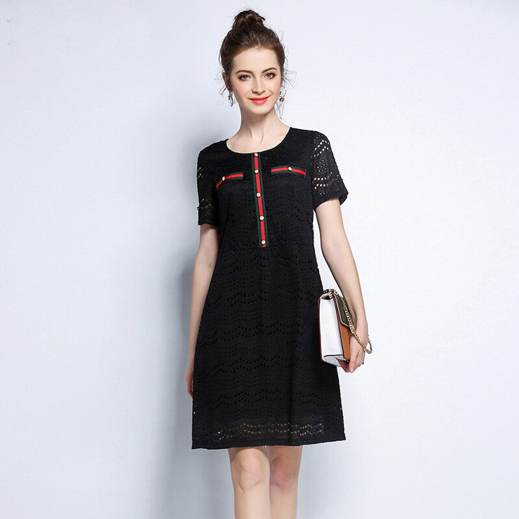 Black Patchwork Lace Short Sleeve Dress