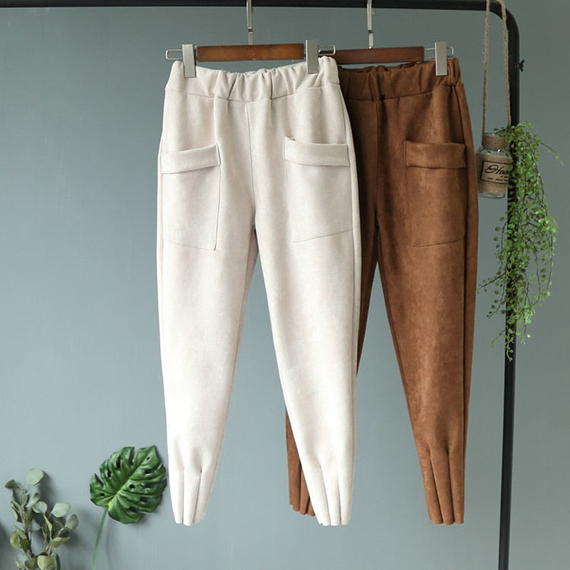 Elastic High Waist Suede Harem Pants