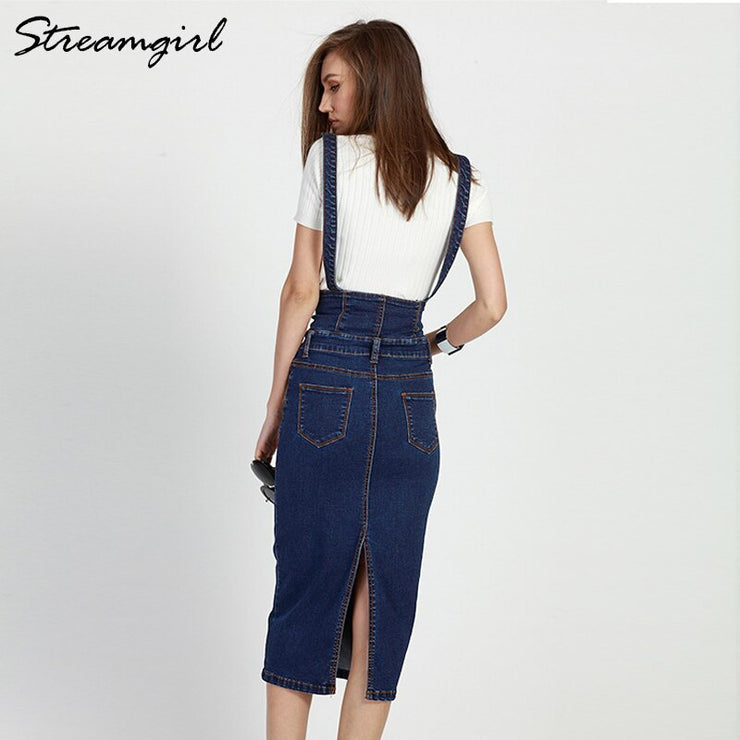 High Waist Suspenders Stream girl Long Pencil Denim Skirts