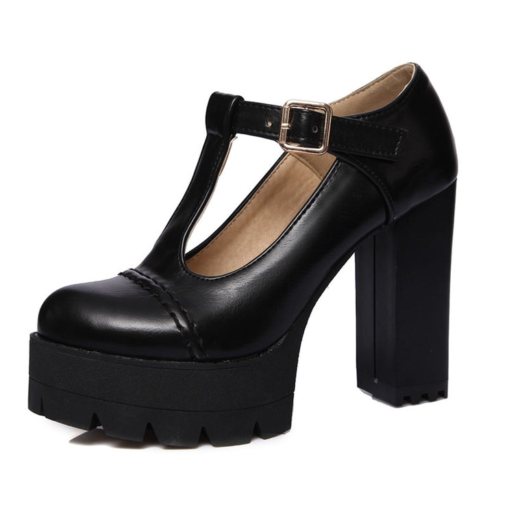 Platform Round Toe T-Strap Buckle Heels