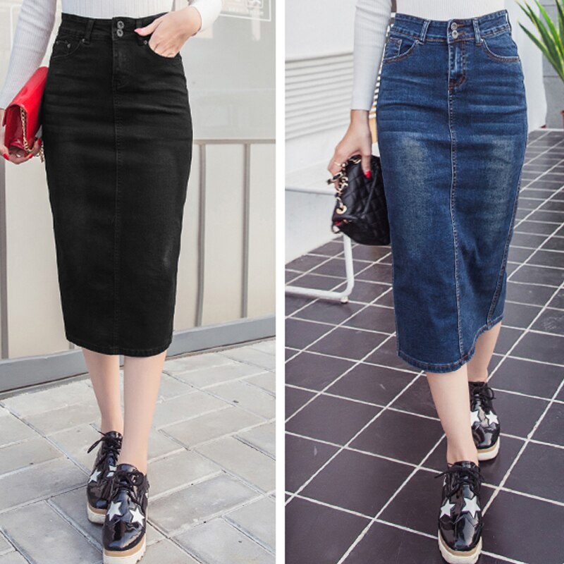 Long Denim Button Down High Waist Pencil Skirts