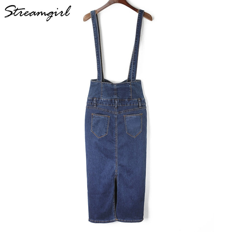 High Waist Suspenders Stream girl Long Pencil Denim Skirts