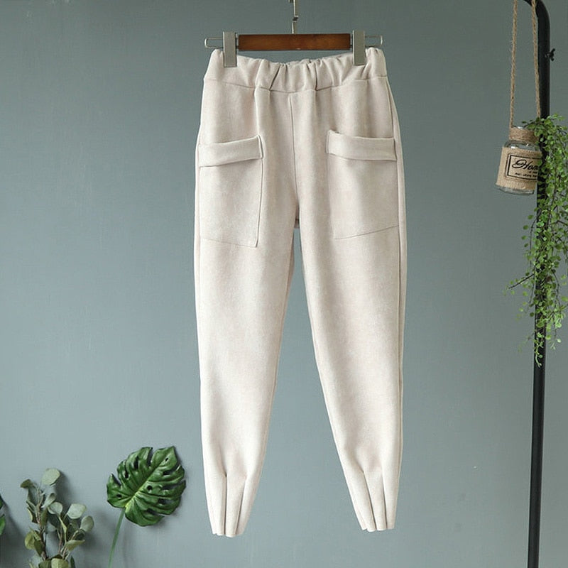 Elastic High Waist Suede Harem Pants