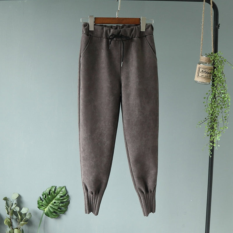 Elastic High Waist Suede Harem Pants