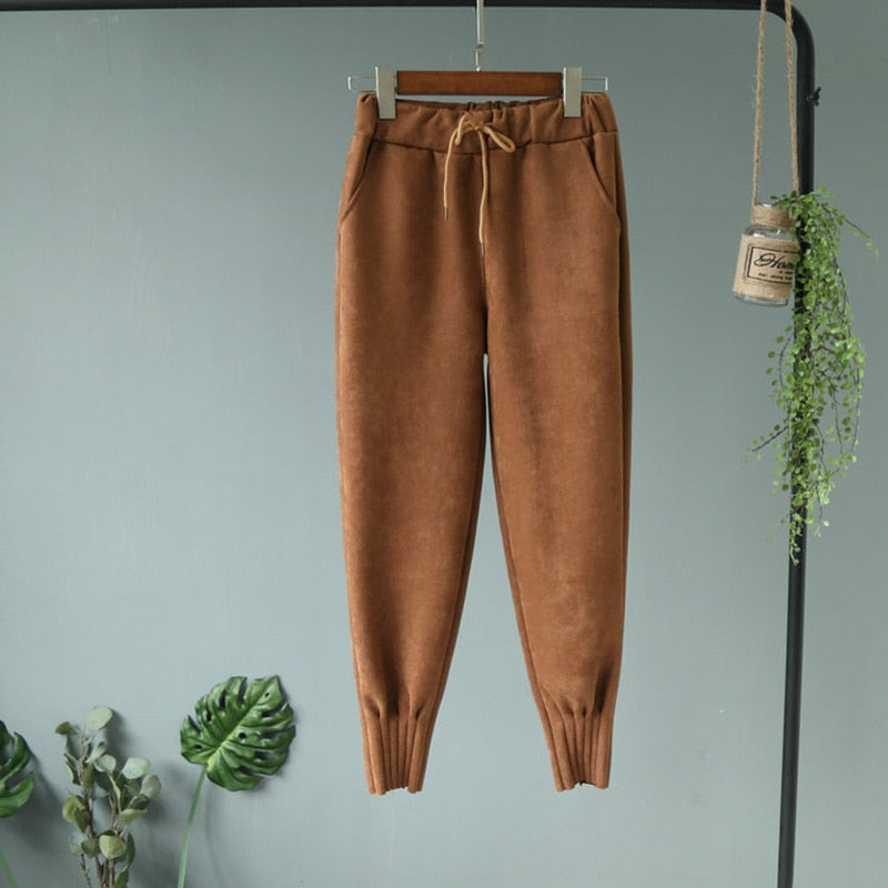 Elastic High Waist Suede Harem Pants