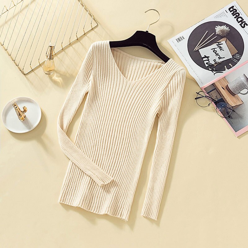 V Neck Soft Rib Knitted Sweaters