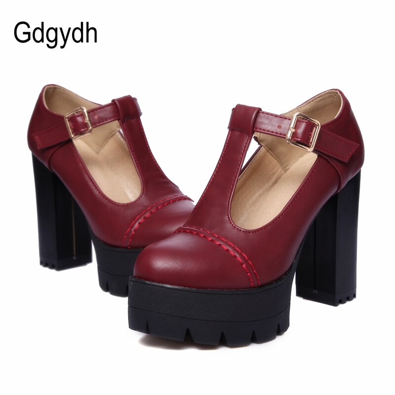 Platform Round Toe T-Strap Buckle Heels