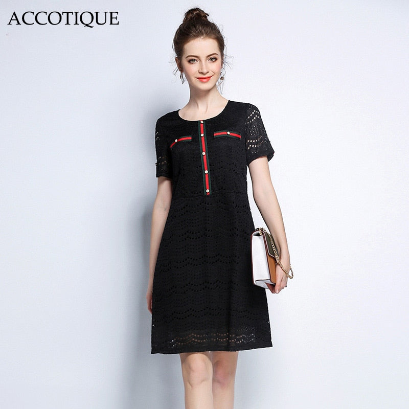 Black Patchwork Lace Short Sleeve Dress