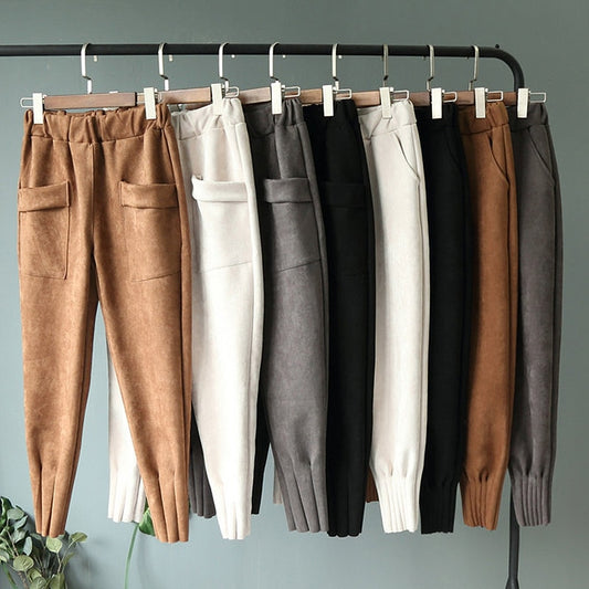 Elastic High Waist Suede Harem Pants