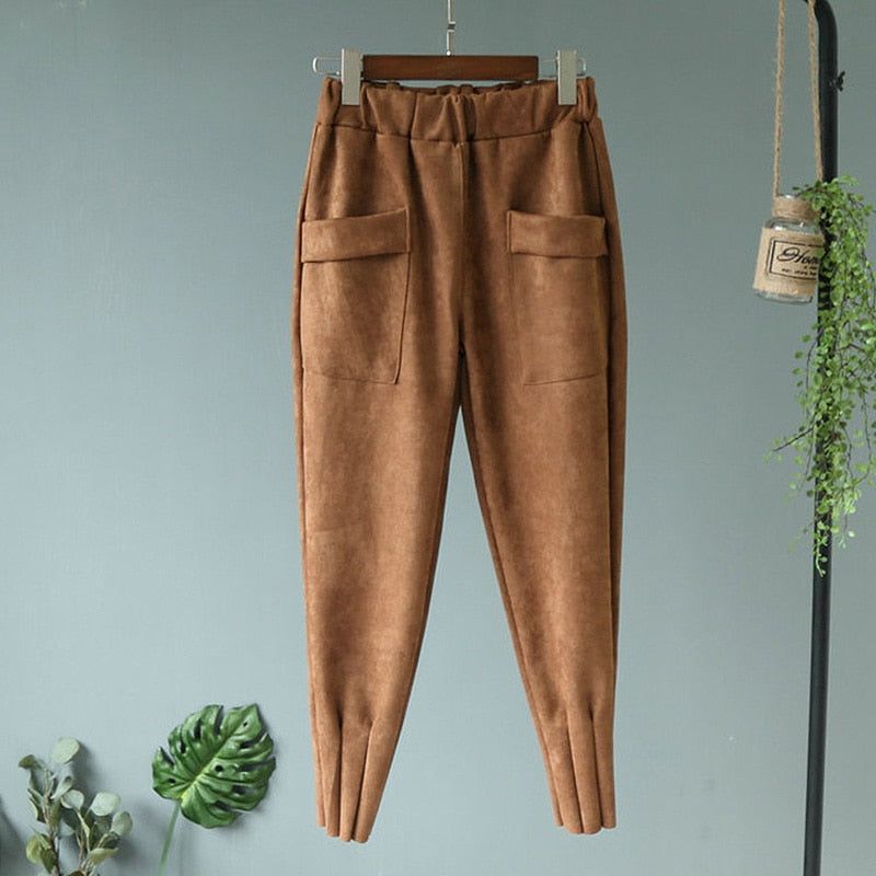 Elastic High Waist Suede Harem Pants