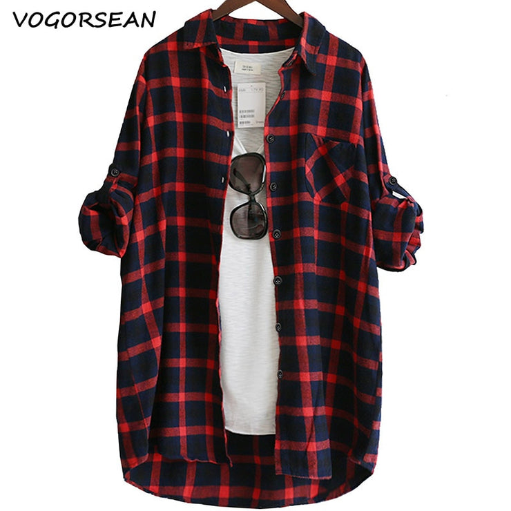 Loose Plaid Long Sleeve Boyfriend Shirts