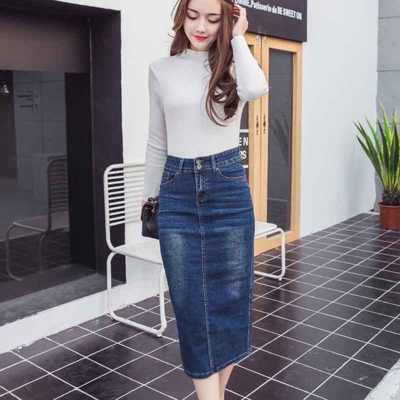 Long Denim Button Down High Waist Pencil Skirts