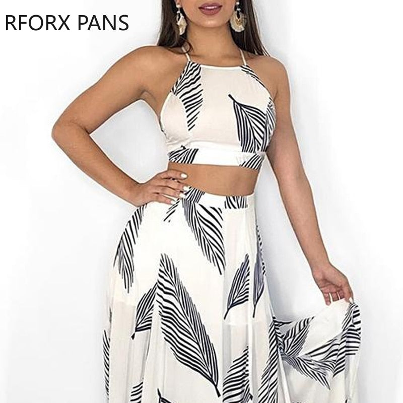 Leaf Print Backless Two Pieces Dress Cami Top