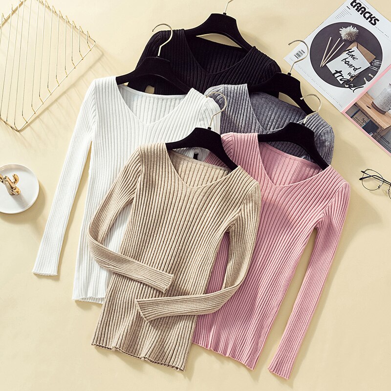 V Neck Soft Rib Knitted Sweaters