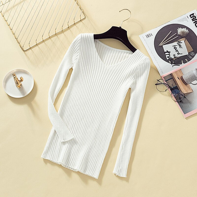 V Neck Soft Rib Knitted Sweaters