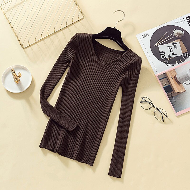 V Neck Soft Rib Knitted Sweaters