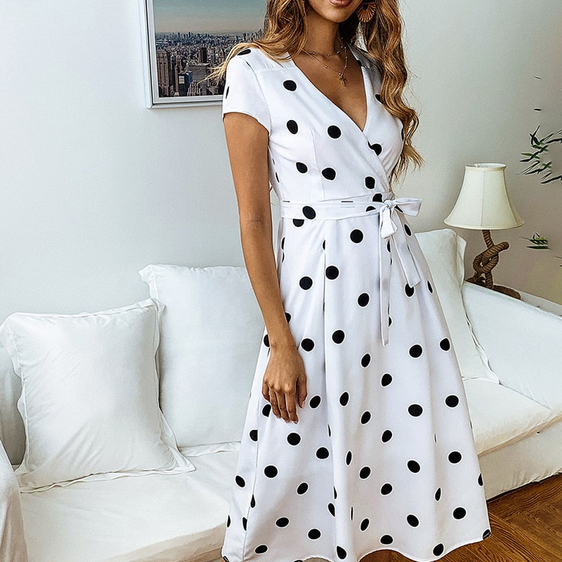 Polka Dot Long Deep V-neck Dresses