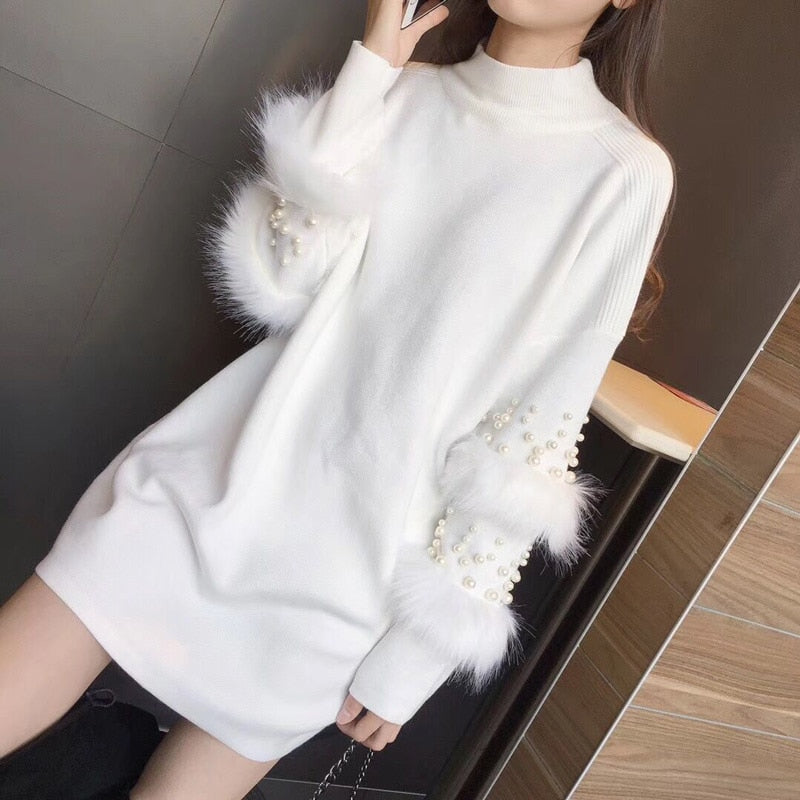 Beaded Fur Sleeve Sweater Dress