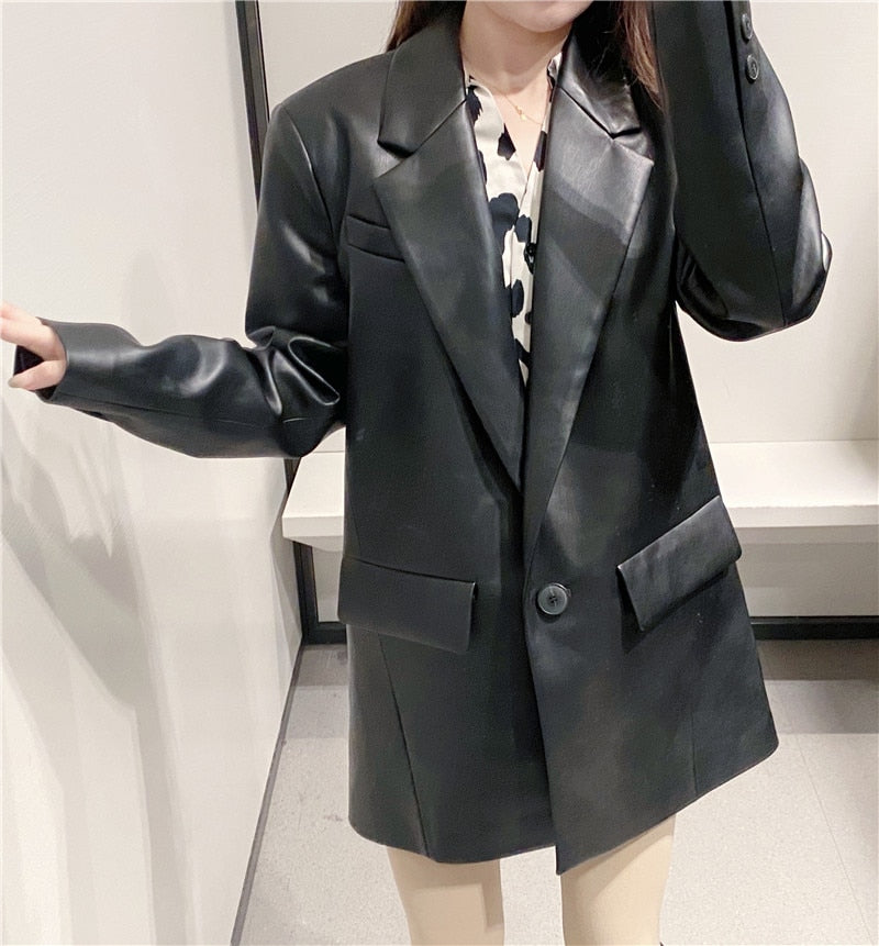 Loose Leather Blazer Coats