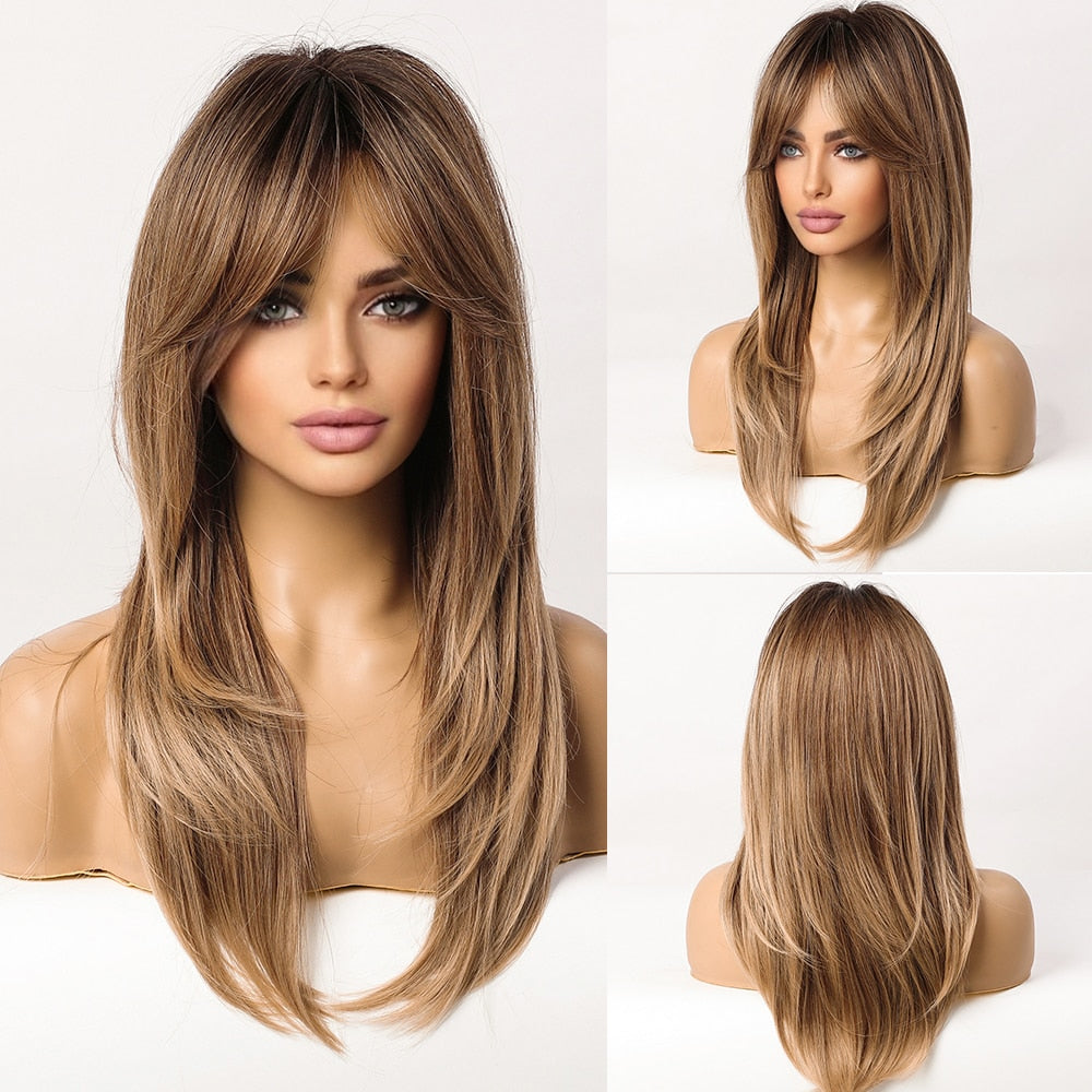 JONRENAU Middle Long Straight Hair with Bangs Heat Resistance