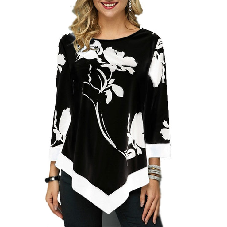 Lace O-Neck Splice Floral Printing Tops