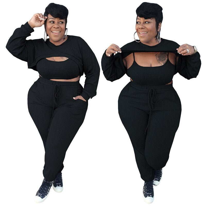 3pc Bodycon Vest Long Sleeve Crop Top and Pants Sets