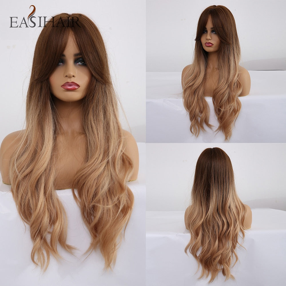 EASIHAIR Long Body Wavy Synthetic Wigs with Bangs Heat Resistant