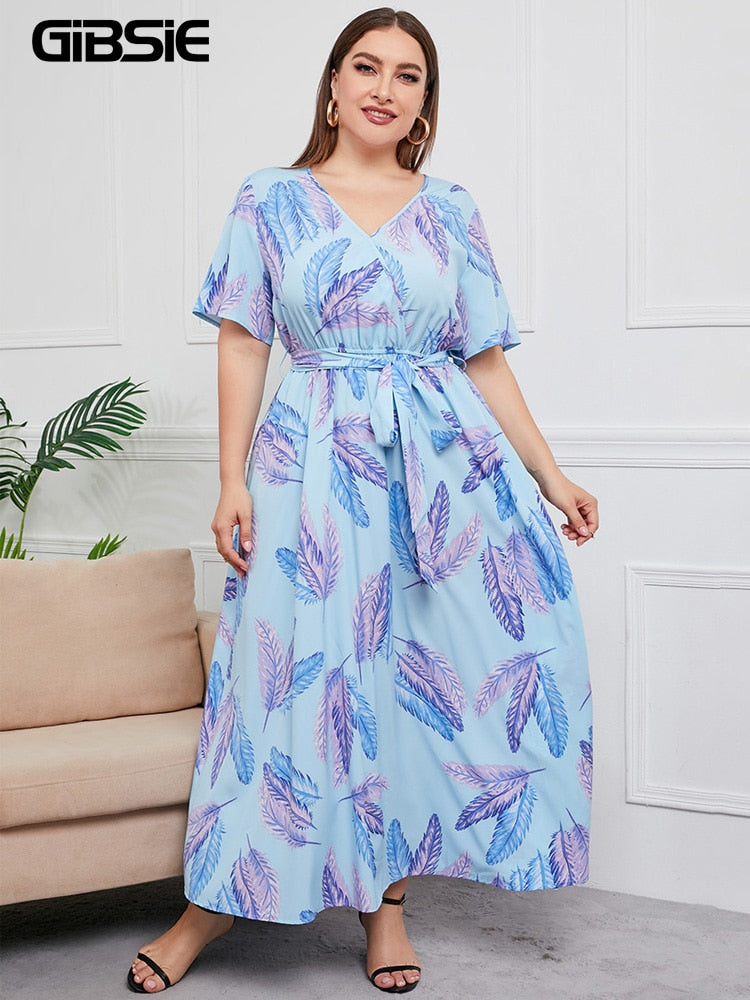 V Neck Floral Print Boho Short Sleeve Maxi Dresses