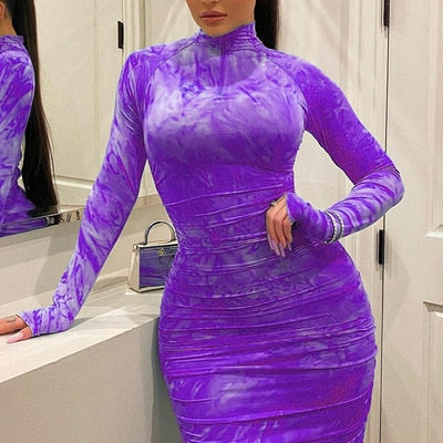 Long Sleeve Pleated Bodycon Dresses