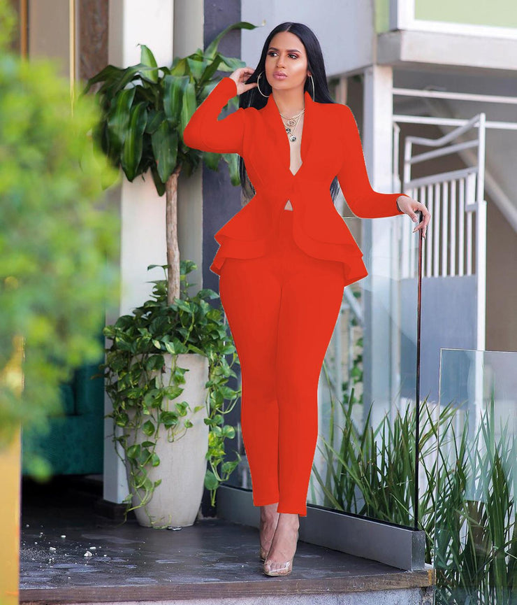 Two Piece Ruffled Blazers Pants Suit