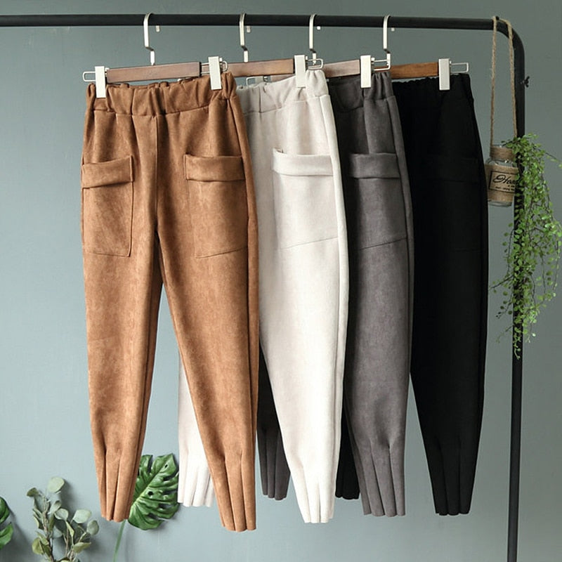 Elastic High Waist Suede Harem Pants