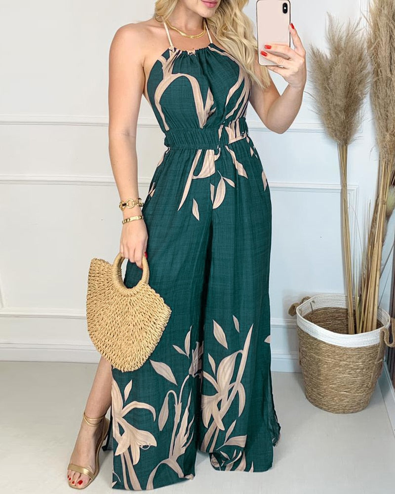 Printed Sleeveless Slit Leg Jumpsuit