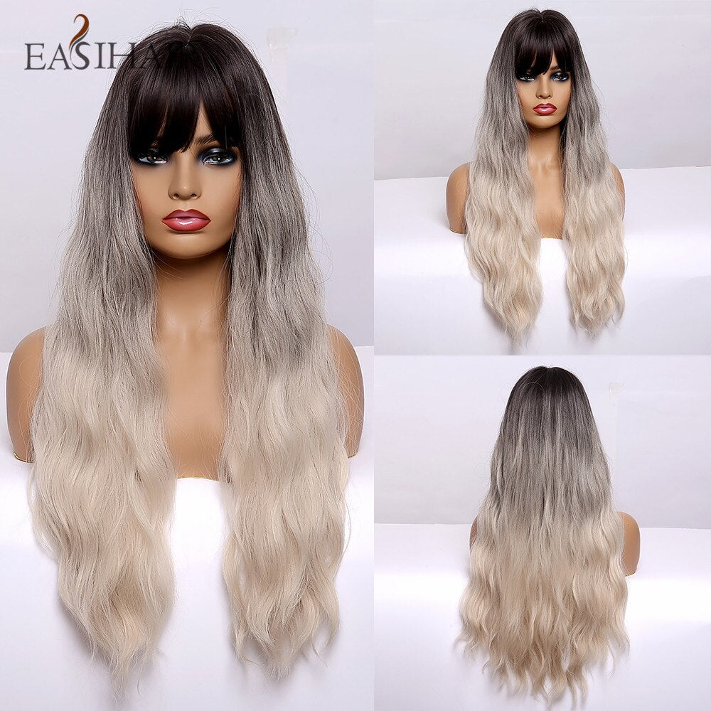 EASIHAIR Long Body Wavy Synthetic Wigs with Bangs Heat Resistant