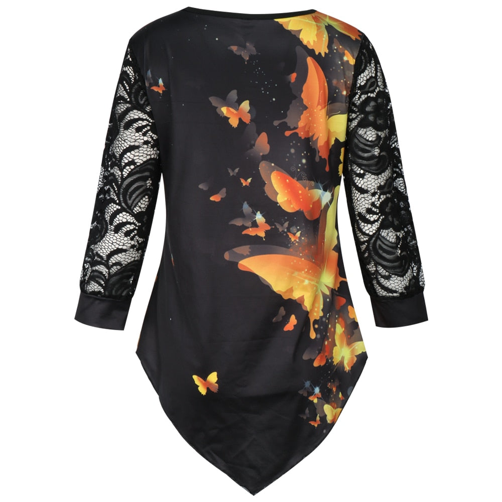 Butterfly print Lace 3/4 Sleeve Blouse