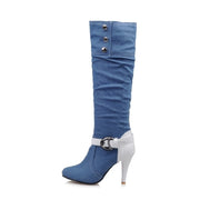 Pointed Toe Denim Knee High Boots