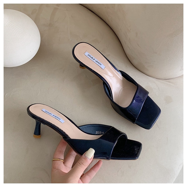 Solid Color Leather Thin Heel Slippers