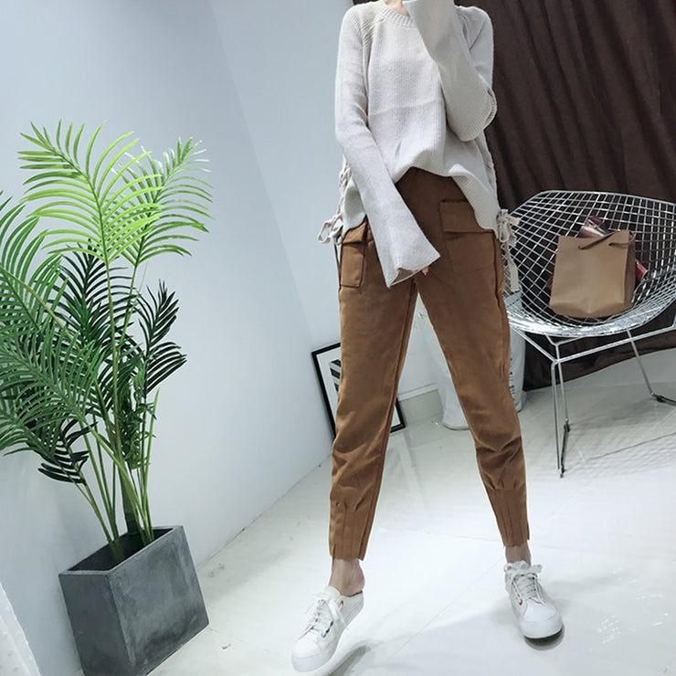 Elastic High Waist Suede Harem Pants