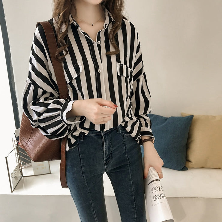 Striped Button-Down Long Sleeve Blouse