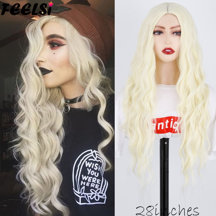 FEELSI Synthetic Pure Long Water Wave Halloween Wig