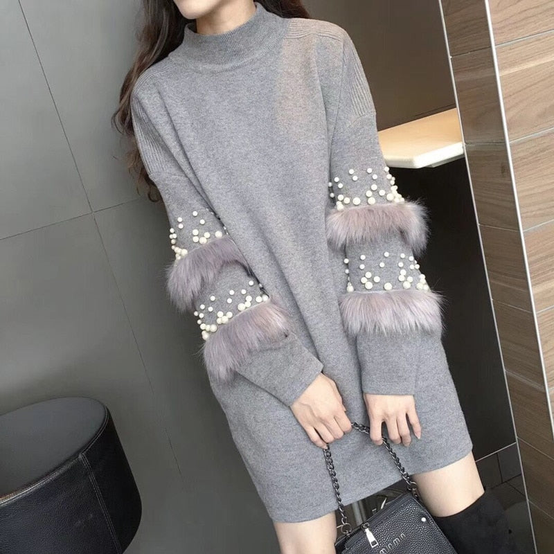 Beaded Fur Sleeve Sweater Dress