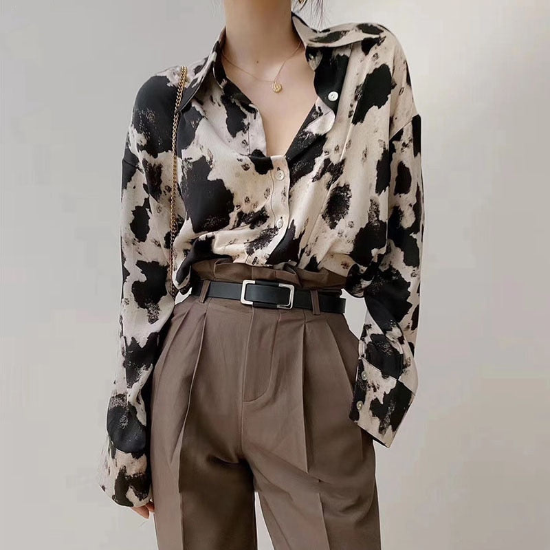 Cow Print Long Sleeve Blouse