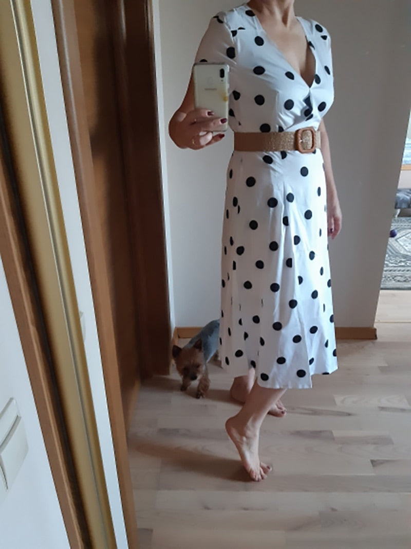 Polka Dot Long Deep V-neck Dresses