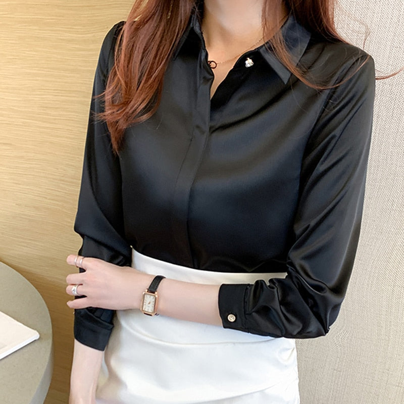 Long Sleeve Loose Satin Blouse