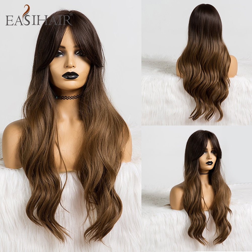 EASIHAIR Long Body Wavy Synthetic Wigs with Bangs Heat Resistant