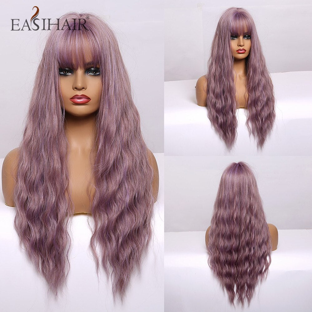 EASIHAIR Long Body Wavy Synthetic Wigs with Bangs Heat Resistant