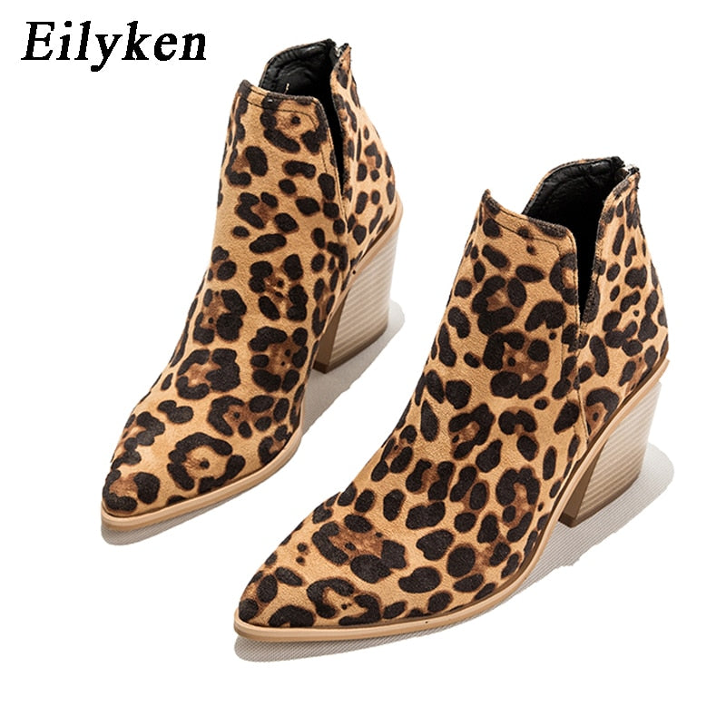 Leopard Print Square Heel Ankle Boots