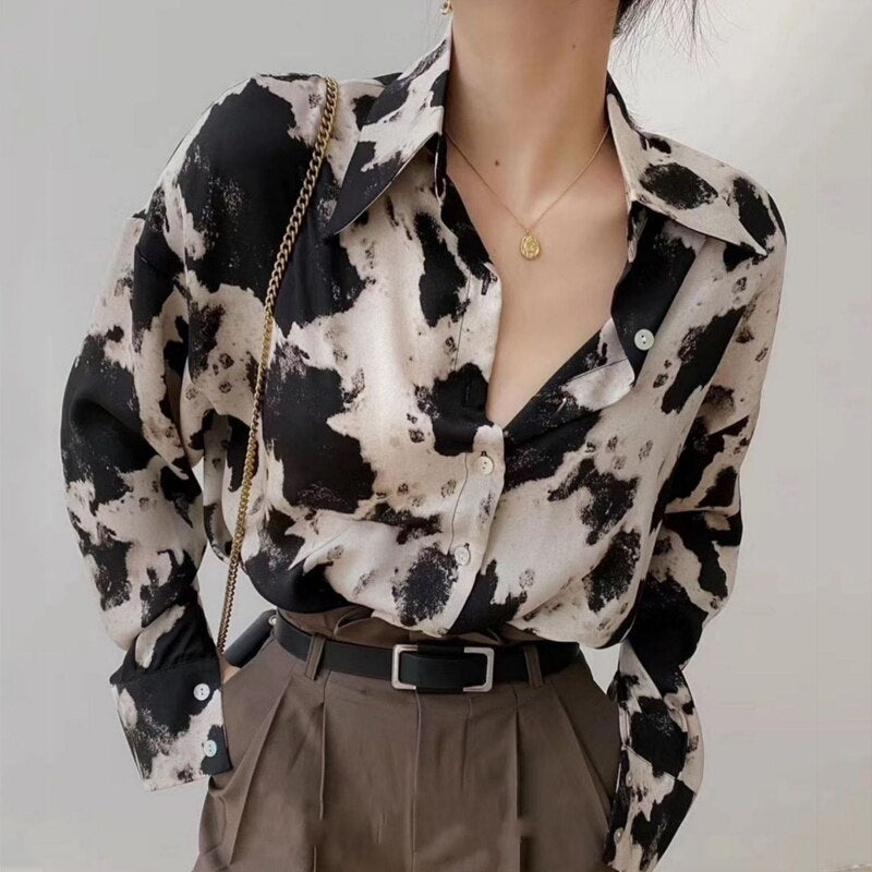 Cow Print Long Sleeve Blouse