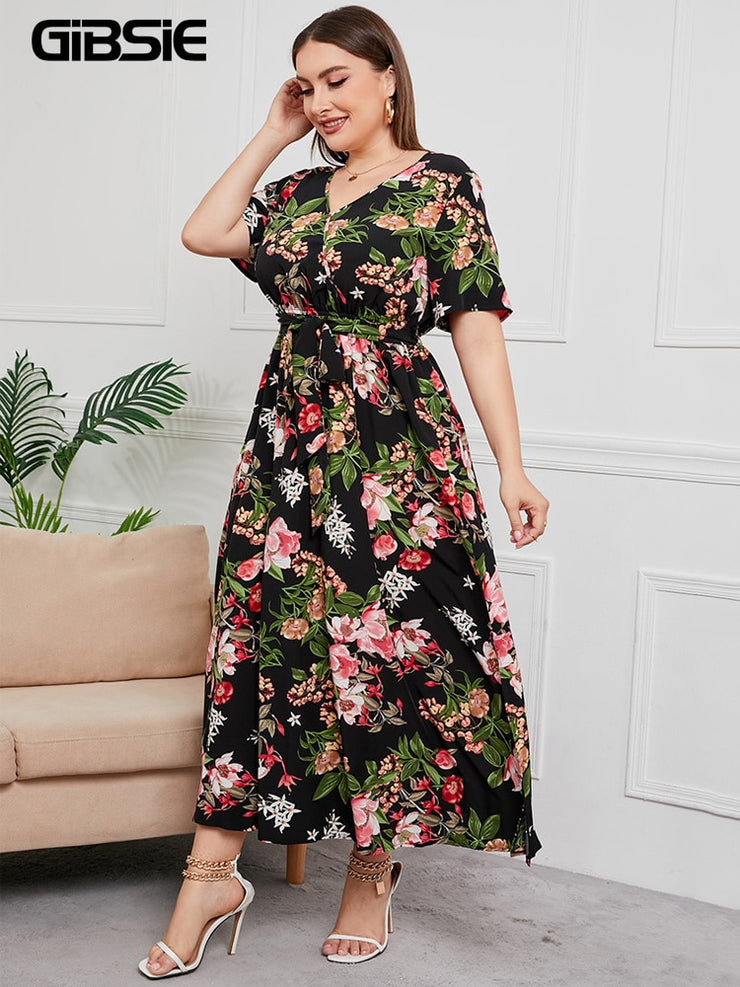 V Neck Floral Print Boho Short Sleeve Maxi Dresses