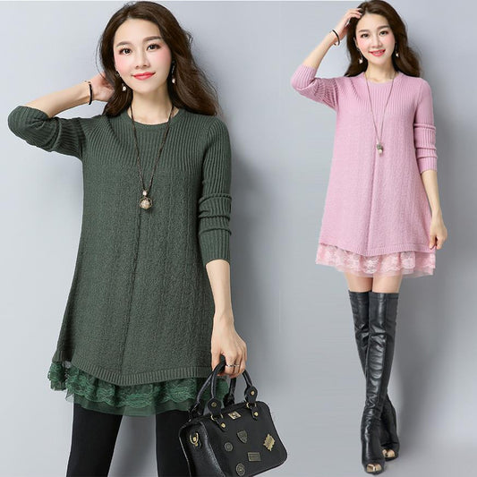 Lace Stitching Sweater Dress